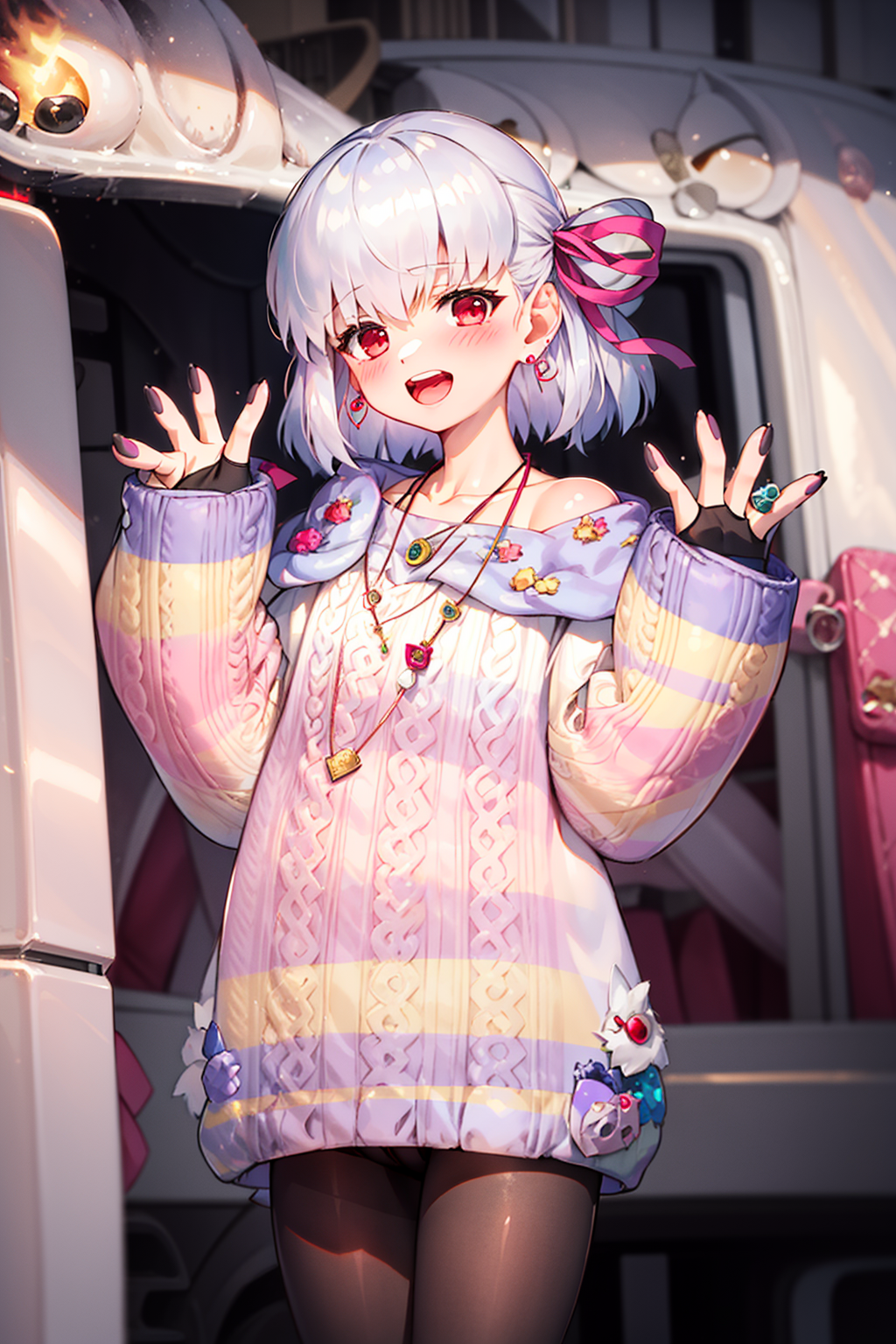 18893-3415218946-Kama, kama _(fate_), 1girl, sweater, jewelry, ribbon, solo, hair ribbon, looking at viewer, blush, short hair, bangs, necklace,.png
